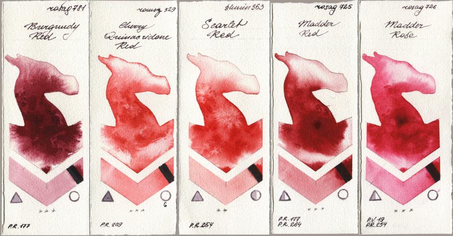 Rosa Gallery 781 Burgundy Red vs Roman Szmal Aquarius 329 Cherry Quinacridone Red vs Shminke Horadam Aquarell 363 Scarlet Red vs 725 Madder Red vs 726 Madder Rose watercolor swatch