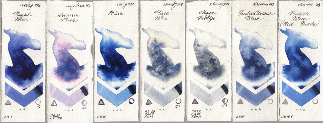 Rosa Gallery 782 Royal Blue, Mijello Mission Gold 814 Aurora Pink, 718 Blue, Shminke Horadam Aquarell 967 Haze Blue, 968 Haze Indigo, Daniel Smith 043 Indanthrone Blue, 119 Phthalo Blue (Red Shad watercolor swatch