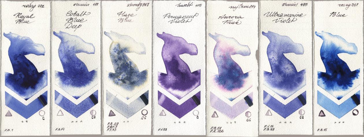 Rosa Gallery 782 Royal Blue, Shminke Horadam Aquarell 488 Cobalt Blue Deep, 967 Haze Blue, Holbein Artists Watercolor 115 Permanent Violet, Mijello Mission Gold 814 Aurora Pink, 495 Ultramarine Violet, 718 Bl watercolor swatch