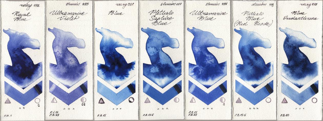 Rosa Gallery 782 Royal Blue, Shminke Horadam Aquarell 495 Ultramarine Violet, 718 Blue, 477 Phthalo Saphire Blue, 496 Ultramarine Blue, Daniel Smith 119 Phthalo Blue (Red Shade), 738 Blue Indanthre watercolor swatch