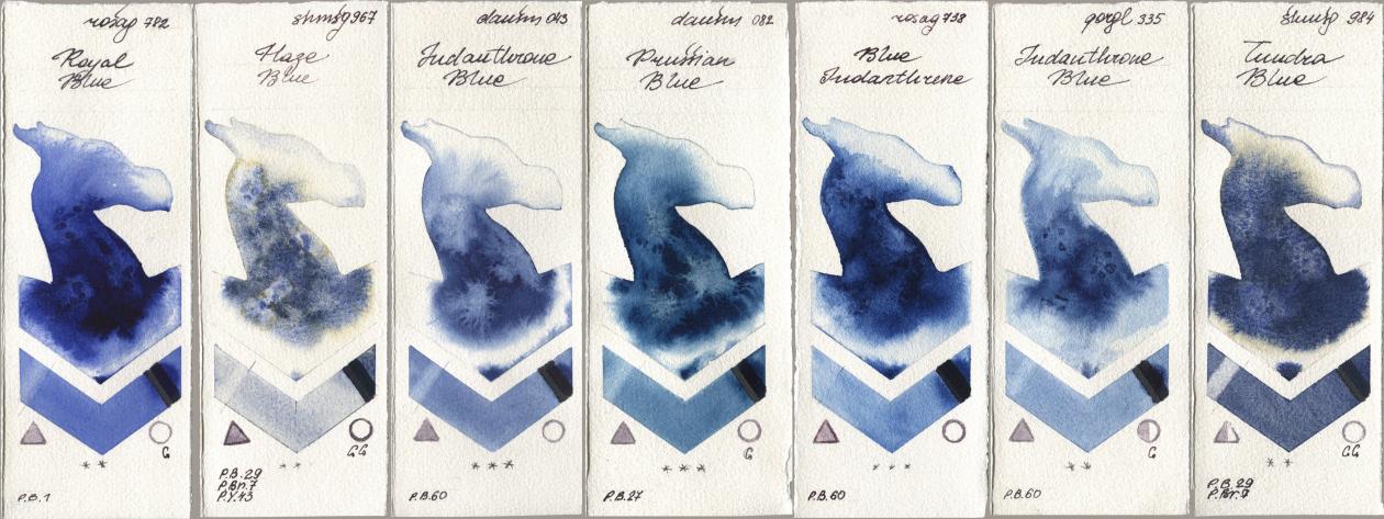 Rosa Gallery 782 Royal Blue, Shminke Horadam Aquarell 967 Haze Blue, Daniel Smith 043 Indanthrone Blue, 082 Prussian Blue, 738 Blue Indanthrene, Golden QOR 335 Indanthrone Blue, 984 Tundra Bl watercolor swatch