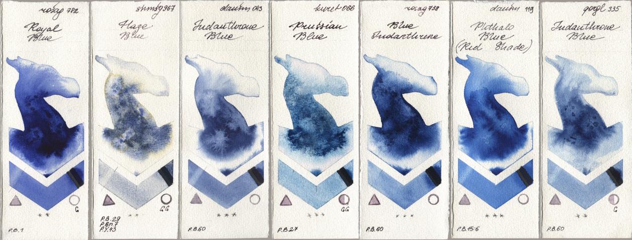 Rosa Gallery 782 Royal Blue, Shminke Horadam Aquarell 967 Haze Blue, Daniel Smith 043 Indanthrone Blue, Kuretake Gansai Tambi 066 Prussian Blue, 738 Blue Indanthrene, 119 Phthalo Blue (Red Shade), Golden QOR 335 Indanthrone Bl watercolor swatch