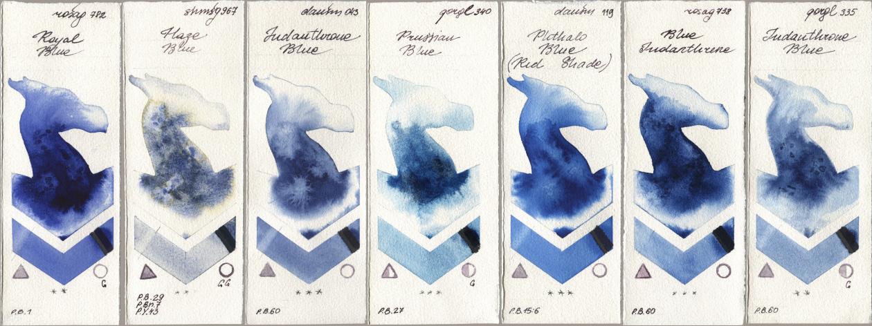 Rosa Gallery 782 Royal Blue, Shminke Horadam Aquarell 967 Haze Blue, Daniel Smith 043 Indanthrone Blue, Golden QOR 340 Prussian Blue, 119 Phthalo Blue (Red Shade), 738 Blue Indanthrene, 335 Indanthrone Bl watercolor swatch