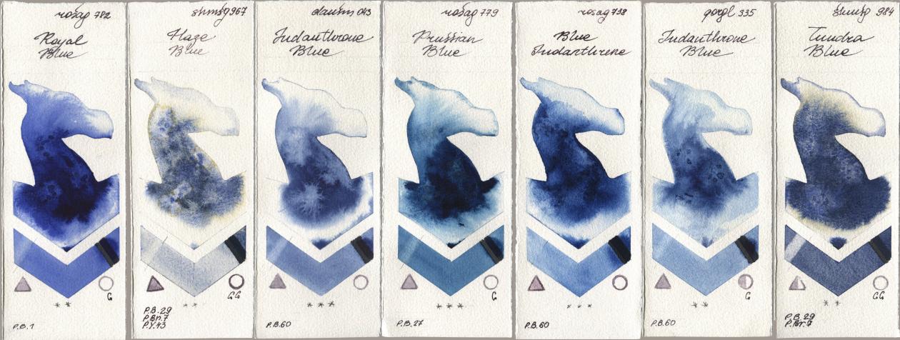 Rosa Gallery 782 Royal Blue, Shminke Horadam Aquarell 967 Haze Blue, Daniel Smith 043 Indanthrone Blue, 779 Prussian Blue, 738 Blue Indanthrene, Golden QOR 335 Indanthrone Blue, 984 Tundra Bl watercolor swatch