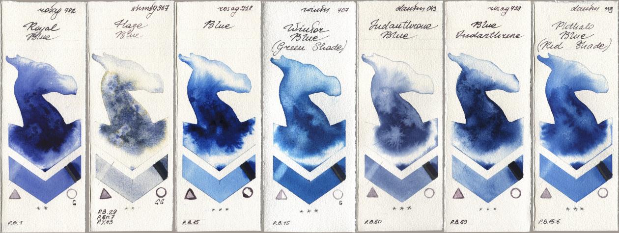 Rosa Gallery 782 Royal Blue, Shminke Horadam Aquarell 967 Haze Blue, 718 Blue, Winsor & Newton Professional 707 Winsor Blue (Green Shade), Daniel Smith 043 Indanthrone Blue, 738 Blue Indanthrene, 119 Phthalo Blue (Red Shad watercolor swatch
