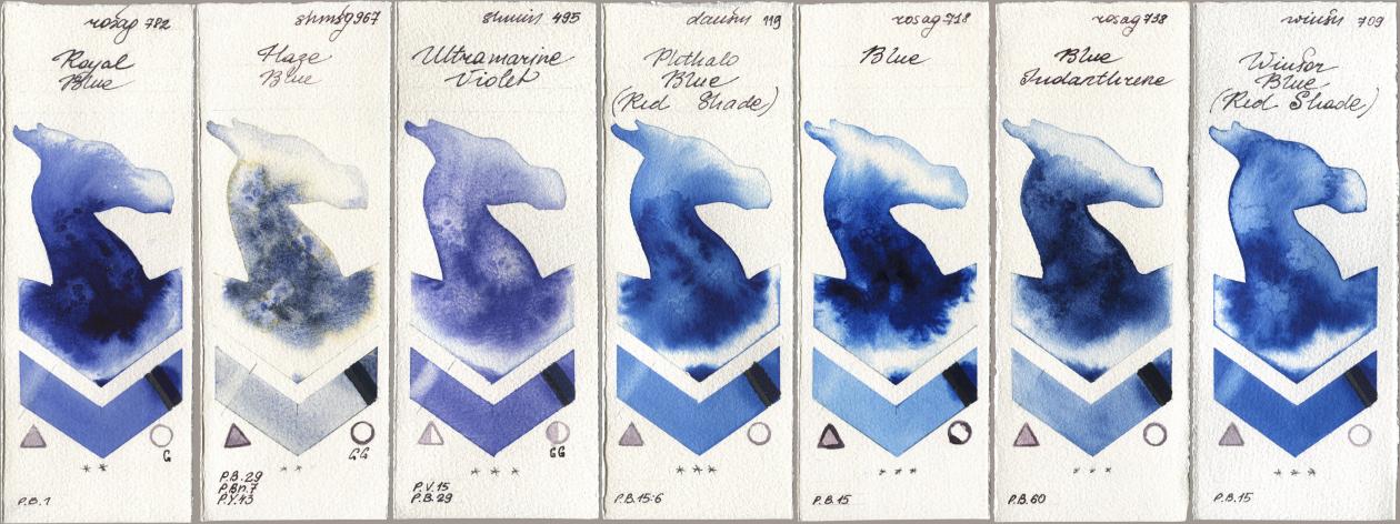 Rosa Gallery 782 Royal Blue, Shminke Horadam Aquarell 967 Haze Blue, 495 Ultramarine Violet, Daniel Smith 119 Phthalo Blue (Red Shade), 718 Blue, 738 Blue Indanthrene, Winsor & Newton Professional 709 Winsor Blue (Red Shad watercolor swatch