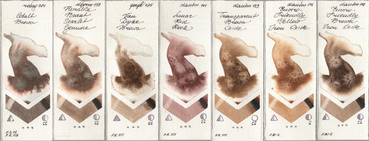 Rosa Gallery 784 Cobalt Brown, Daniel Smith 158 Hematite Burnt Scarlet Genuine, Golden QOR 495 Van Dyke Brown, 141 Lunar Red Rock, 129 Transparent Brown Oxide, 176 Enviro-Friendly Yellow Iron Oxide, 178 Enviro-Friendly Brown Iron Oxi watercolor swatch