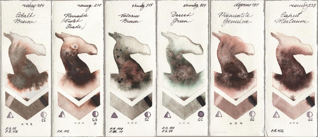 Rosa Gallery 784 Cobalt Brown, Roman Szmal Aquarius 248 Hematite (Violet Shade), Shminke Horadam Aquarell 915 Volcano Brown, 924 Desert Green, Daniel Smith 191 Piemontite Genuine, 239 Caput Mortu watercolor swatch