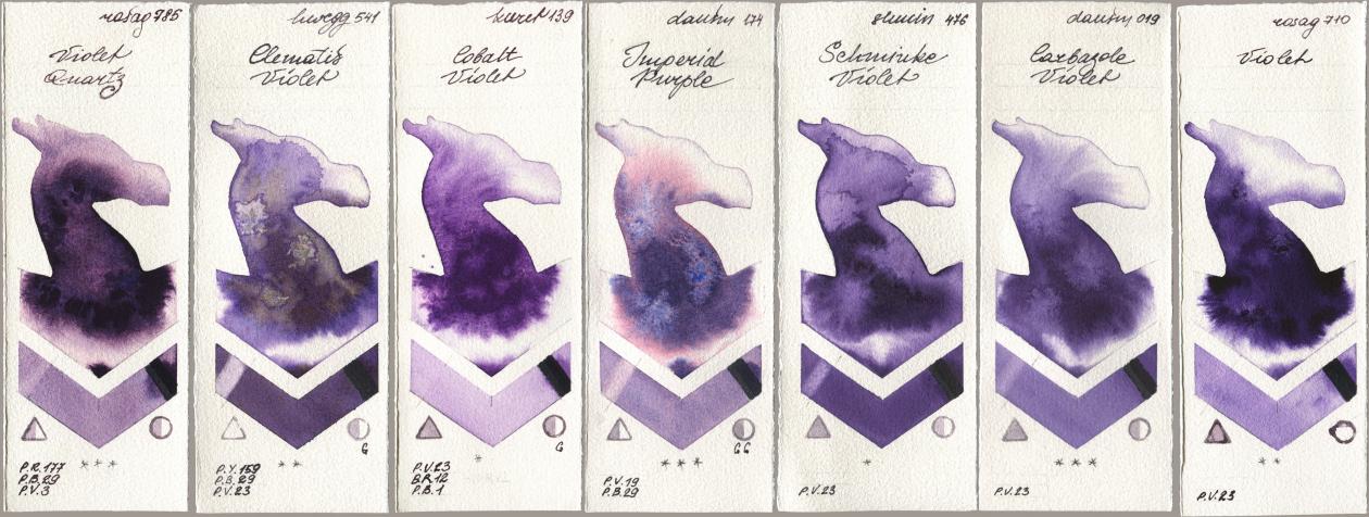 Rosa Gallery 785 Violet Quartz, Holbein Artists Watercolor 541 Clematis Violet, Kuretake Gansai Tambi 139 Cobalt Violet, Daniel Smith 174 Imperial Purple, Shminke Horadam Aquarell 476 Schmincke Violet, 019 Carbazole Violet, 710 Viol watercolor swatch