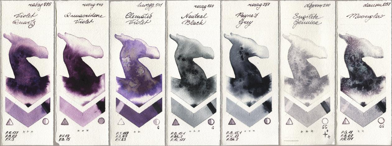 Rosa Gallery 785 Violet Quartz, 749 Quinacridone Violet, Holbein Artists Watercolor 541 Clematis Violet, 724 Neutral Black, 737 Paynes Grey, Daniel Smith 200 Sugilite Genuine, 057 Moongl watercolor swatch