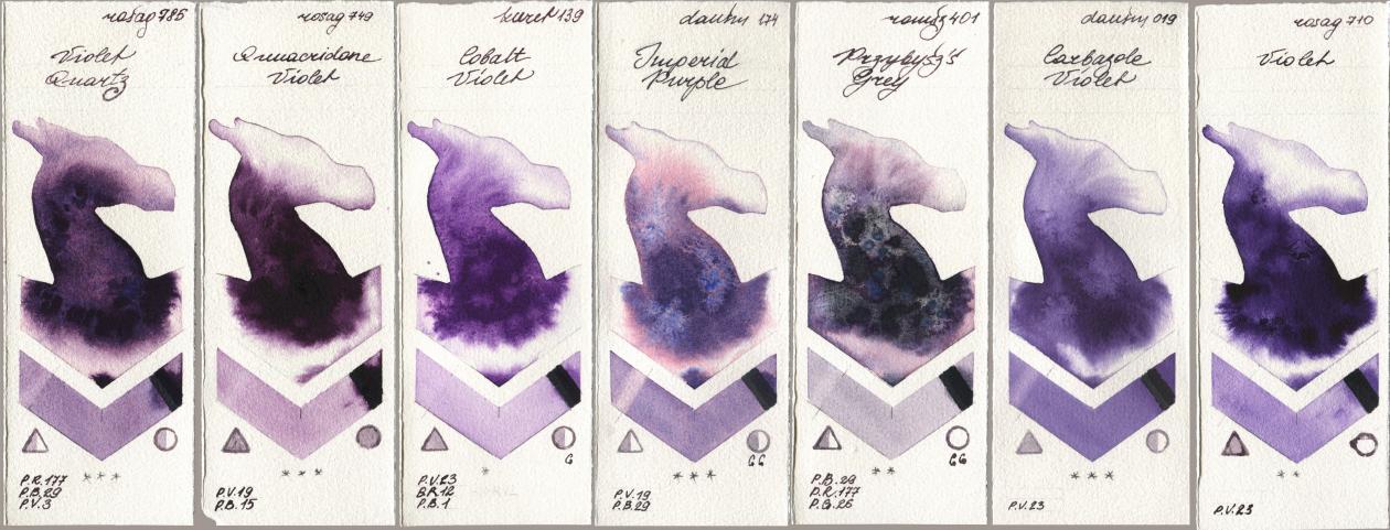 Rosa Gallery 785 Violet Quartz, 749 Quinacridone Violet, Kuretake Gansai Tambi 139 Cobalt Violet, Daniel Smith 174 Imperial Purple, Roman Szmal Aquarius 401 Przybyszs Grey, 019 Carbazole Violet, 710 Viol watercolor swatch