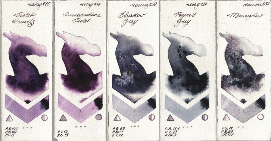 Rosa Gallery 785 Violet Quartz vs 749 Quinacridone Violet vs Roman Szmal Aquarius 259 Shadow Grey vs 737 Paynes Grey vs Daniel Smith 057 Moonglow watercolor swatch