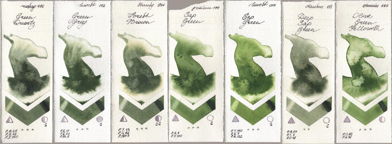 Rosa Gallery 786 Green Quartz, Holbein Artists Watercolor 152 Green Grey, Shminke Horadam Aquarell 944 Forest Brown, M. Graham & Co. Artists 174 Sap Green, 075 Sap Green, Daniel Smith 175 Deep Sap Green, 525 Olive Green Yellowi watercolor swatch