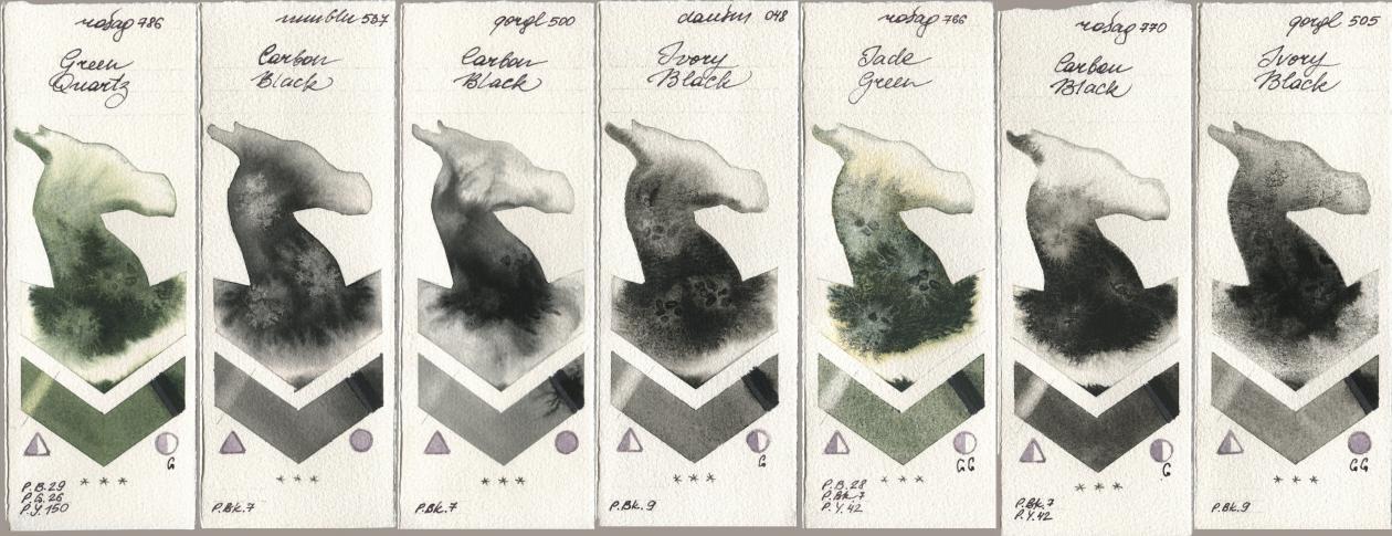 Rosa Gallery 786 Green Quartz, Maimeri Blu 537 Carbon Black, Golden QOR 500 Carbon Black, Daniel Smith 048 Ivory Black, 766 Jade Green, 770 Carbon Black, 505 Ivory Bla watercolor swatch