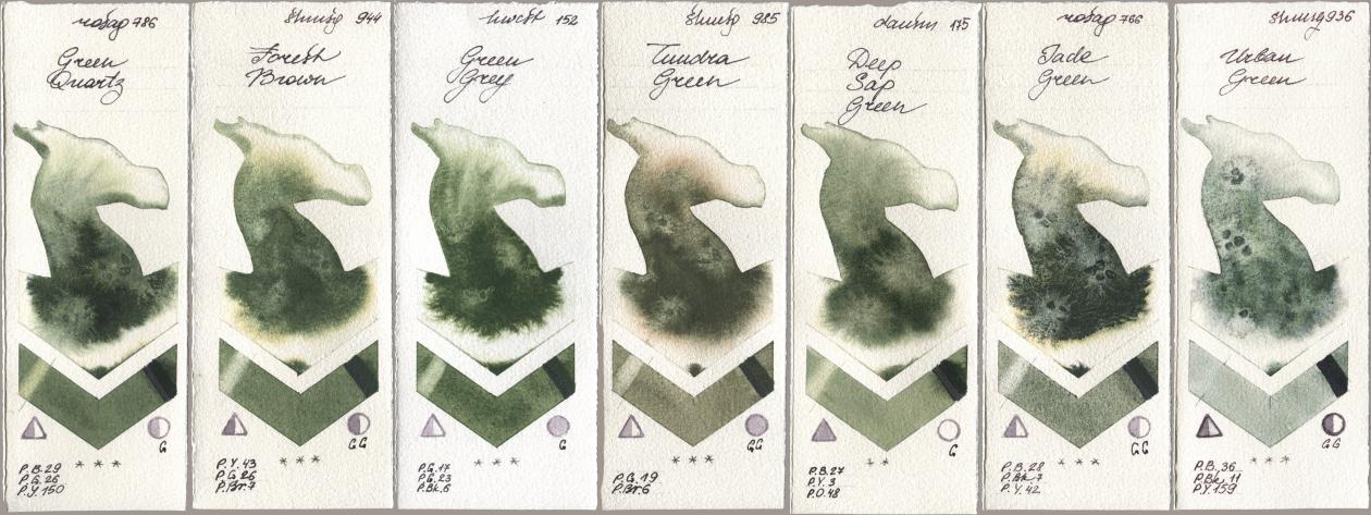 Rosa Gallery 786 Green Quartz, Shminke Horadam Aquarell 944 Forest Brown, Holbein Artists Watercolor 152 Green Grey, 985 Tundra Green, Daniel Smith 175 Deep Sap Green, 766 Jade Green, 936 Urban Gre watercolor swatch