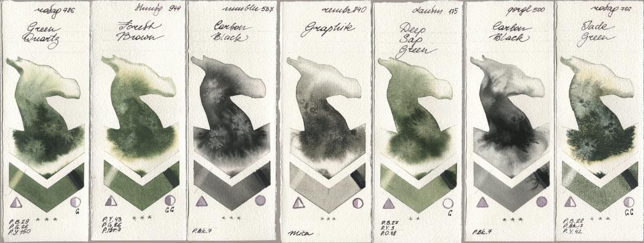 Rosa Gallery 786 Green Quartz, Shminke Horadam Aquarell 944 Forest Brown, Maimeri Blu 537 Carbon Black, Royal Talens Rembrandt Watercolour 840 Graphite, Daniel Smith 175 Deep Sap Green, Golden QOR 500 Carbon Black, 766 Jade Gre watercolor swatch