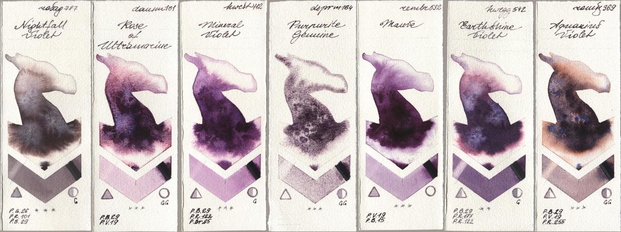 Rosa Gallery 787 Nightfall Violet, Daniel Smith 101 Rose of Ultramarine, Holbein Artists Watercolor 112 Mineral Violet, 164 Purpurite Genuine, Royal Talens Rembrandt Watercolour 532 Mauve, 542 Earthshine Violet, Roman Szmal Aquarius 369 Aquarius Viol watercolor swatch
