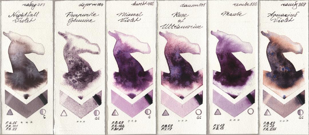 Rosa Gallery 787 Nightfall Violet, Daniel Smith 164 Purpurite Genuine, Holbein Artists Watercolor 112 Mineral Violet, 101 Rose of Ultramarine, Royal Talens Rembrandt Watercolour 532 Mauve, Roman Szmal Aquarius 369 Aquarius Viol watercolor swatch