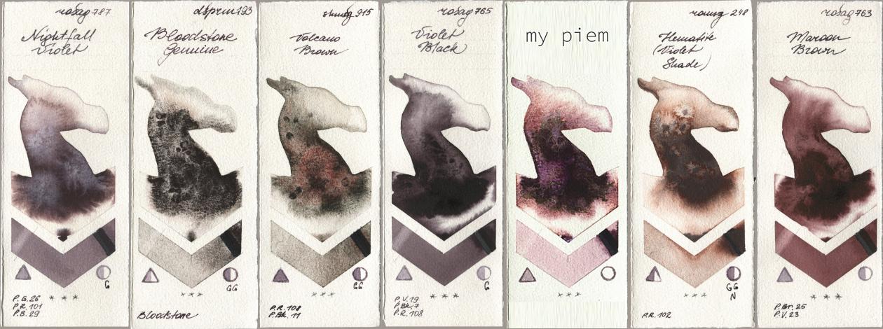 Rosa Gallery 787 Nightfall Violet, Daniel Smith 193 Bloodstone Genuine, Shminke Horadam Aquarell 915 Volcano Brown, 765 Violet Black, my 191 piem, Roman Szmal Aquarius 248 Hematite (Violet Shade), 763 Maroon Bro watercolor swatch