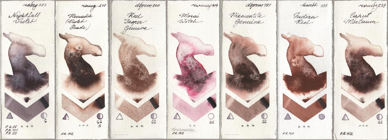 Rosa Gallery 787 Nightfall Violet, Roman Szmal Aquarius 248 Hematite (Violet Shade), Daniel Smith 240 Red Jasper Genuine, Rockwell 414 Morai Witch, 191 Piemontite Genuine, Holbein Artists Watercolor 135 Indian Red, 239 Caput Mortu watercolor swatch