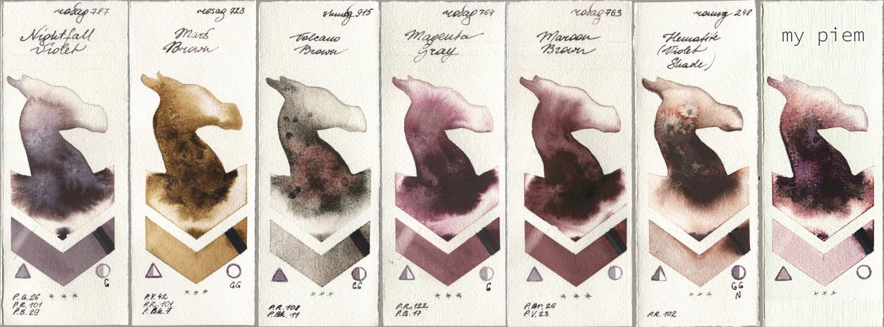 Rosa Gallery 787 Nightfall Violet, 723 Mars Brown, Shminke Horadam Aquarell 915 Volcano Brown, 764 Magenta Gray, 763 Maroon Brown, Roman Szmal Aquarius 248 Hematite (Violet Shade), my 191 pi watercolor swatch