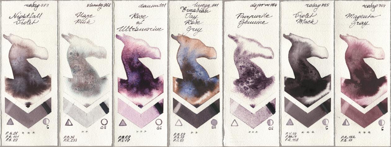 Rosa Gallery 787 Nightfall Violet, Shminke Horadam Aquarell 966 Haze Pink, Daniel Smith 101 Rose of Ultramarine, Holbein Artists Watercolor 561 Eurasian Jay Rose Grey, 164 Purpurite Genuine, 765 Violet Black, 764 Magenta Gr watercolor swatch