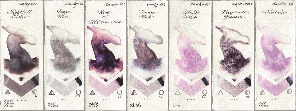 Rosa Gallery 787 Nightfall Violet, Shminke Horadam Aquarell 966 Haze Pink, Daniel Smith 101 Rose of Ultramarine, 982 Tundra Pink, 030 Cobalt Violet, 164 Purpurite Genuine, 231 Wister watercolor swatch