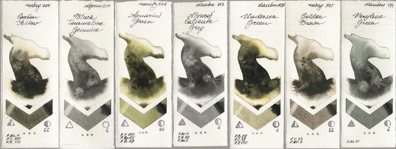 Rosa Gallery 788 Carbon Yellow, Daniel Smith 207 Black Tourmaline Genuine, Roman Szmal Aquarius 346 Aquarius Green, 243 Alvaros Caliente Grey, 109 Undersea Green, 761 Golden Brown, 194 Perylene Gre watercolor swatch