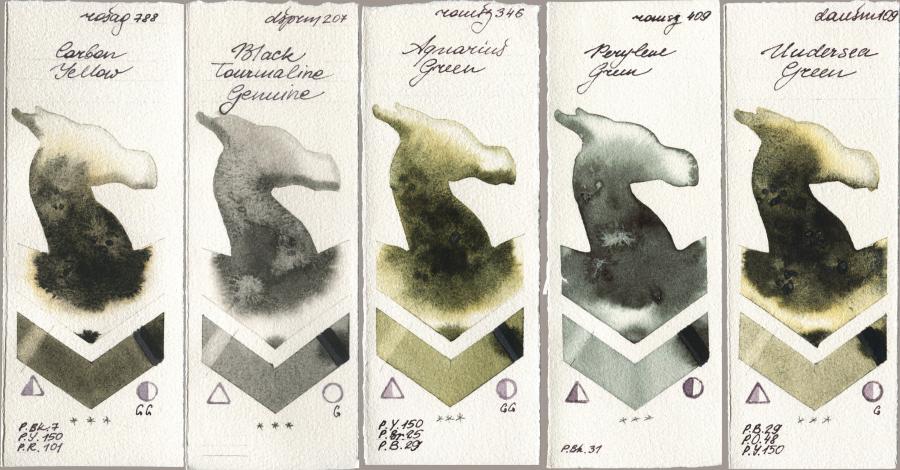 Rosa Gallery 788 Carbon Yellow, Daniel Smith 207 Black Tourmaline Genuine, Roman Szmal Aquarius 346 Aquarius Green, 409 Perylene Green, 109 Undersea Gre watercolor swatch