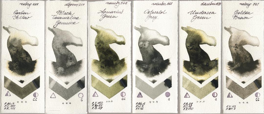 Rosa Gallery 788 Carbon Yellow, Daniel Smith 207 Black Tourmaline Genuine, Roman Szmal Aquarius 346 Aquarius Green, Winsor & Newton Professional 428 Ostwald Grey, 109 Undersea Green, 761 Golden Bro watercolor swatch
