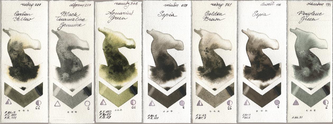 Rosa Gallery 788 Carbon Yellow, Daniel Smith 207 Black Tourmaline Genuine, Roman Szmal Aquarius 346 Aquarius Green, Winsor & Newton Professional 609 Sepia, 761 Golden Brown, Holbein Artists Watercolor 136 Sepia, 194 Perylene Gre watercolor swatch