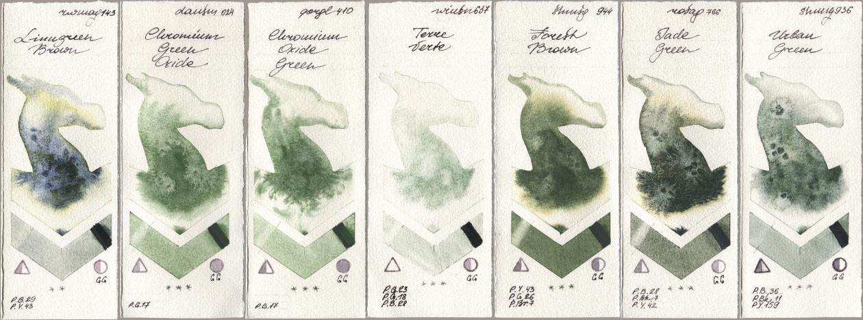 Rockwell 143 Limugreen Brown, Daniel Smith 024 Chromium Green Oxide, Golden QOR 410 Chromium Oxide Green, Winsor & Newton Professional 637 Terre Verte, Shminke Horadam Aquarell 944 Forest Brown, Rosa Gallery 766 Jade Green, 936 Urban Gre watercolor swatch