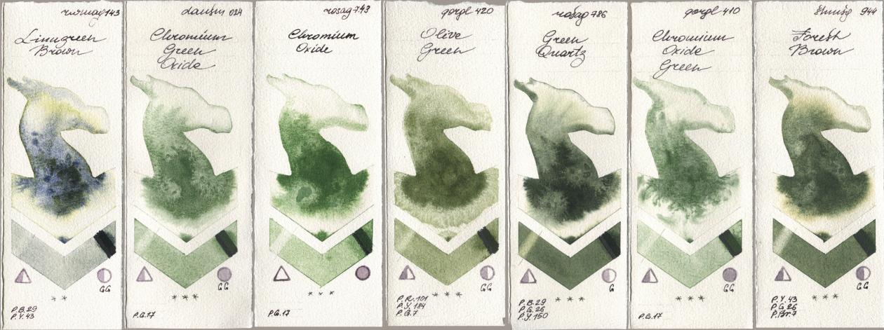 Rockwell 143 Limugreen Brown, Daniel Smith 024 Chromium Green Oxide, Rosa Gallery 743 Chromium Oxide, Golden QOR 420 Olive Green, 786 Green Quartz, 410 Chromium Oxide Green, Shminke Horadam Aquarell 944 Forest Bro watercolor swatch