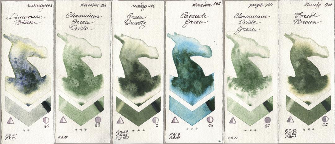 Rockwell 143 Limugreen Brown, Daniel Smith 024 Chromium Green Oxide, Rosa Gallery 786 Green Quartz, 142 Cascade Green, Golden QOR 410 Chromium Oxide Green, Shminke Horadam Aquarell 944 Forest Bro watercolor swatch