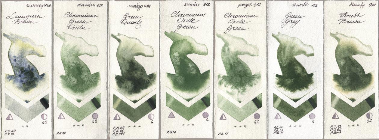 Rockwell 143 Limugreen Brown, Daniel Smith 024 Chromium Green Oxide, Rosa Gallery 786 Green Quartz, Shminke Horadam Aquarell 512 Chromium Oxide Green, Golden QOR 410 Chromium Oxide Green, Holbein Artists Watercolor 152 Green Grey, 944 Forest Bro watercolor swatch