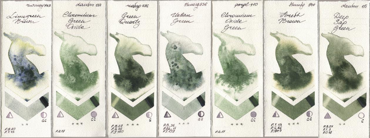 Rockwell 143 Limugreen Brown, Daniel Smith 024 Chromium Green Oxide, Rosa Gallery 786 Green Quartz, Shminke Horadam Aquarell 936 Urban Green, Golden QOR 410 Chromium Oxide Green, 944 Forest Brown, 175 Deep Sap Gre watercolor swatch