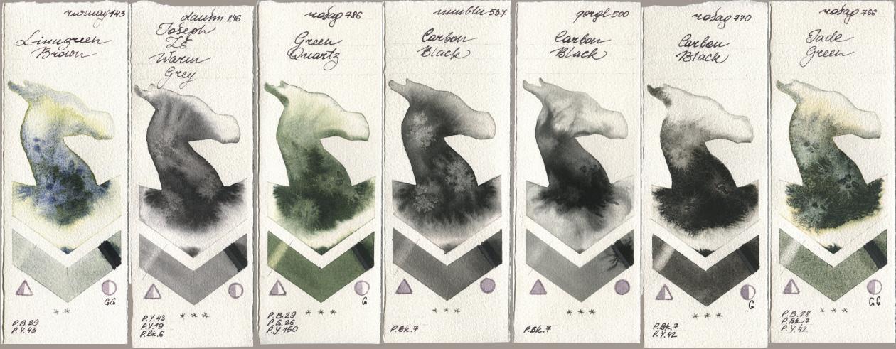 Rockwell 143 Limugreen Brown, Daniel Smith 246 Joseph Zs Warm Grey, Rosa Gallery 786 Green Quartz, Maimeri Blu 537 Carbon Black, Golden QOR 500 Carbon Black, 770 Carbon Black, 766 Jade Gre watercolor swatch