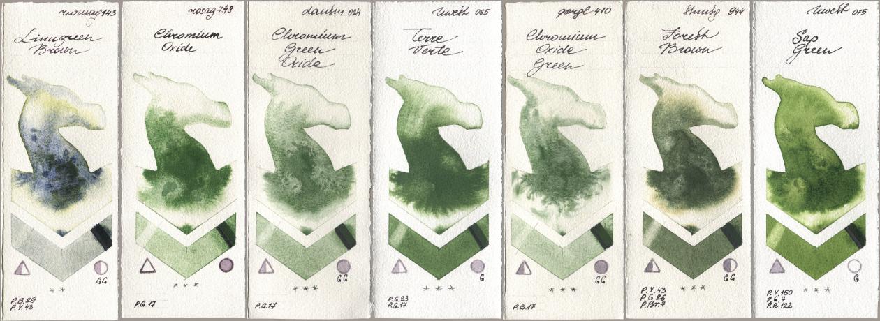 Rockwell 143 Limugreen Brown, Rosa Gallery 743 Chromium Oxide, Daniel Smith 024 Chromium Green Oxide, Holbein Artists Watercolor 065 Terre Verte, Golden QOR 410 Chromium Oxide Green, Shminke Horadam Aquarell 944 Forest Brown, 075 Sap Gre watercolor swatch