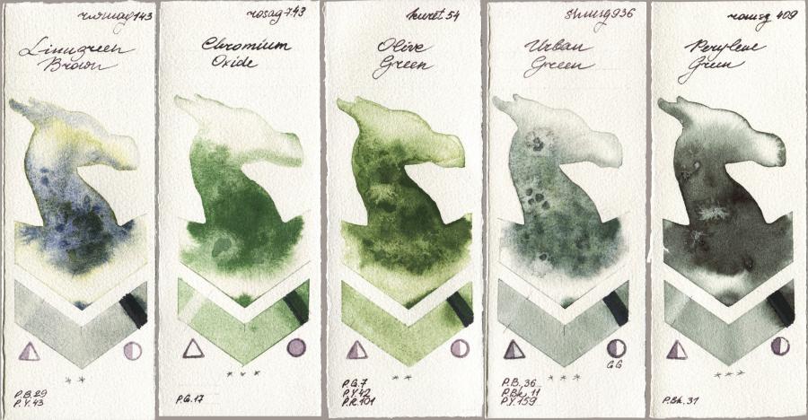 Rockwell 143 Limugreen Brown vs Rosa Gallery 743 Chromium Oxide vs Kuretake Gansai Tambi 054 Olive Green vs Shminke Horadam Aquarell 936 Urban Green vs Roman Szmal Aquarius 409 Perylene Green watercolor swatch