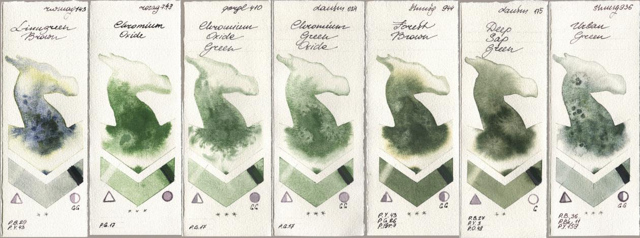 Rockwell 143 Limugreen Brown, Rosa Gallery 743 Chromium Oxide, Golden QOR 410 Chromium Oxide Green, Daniel Smith 024 Chromium Green Oxide, Shminke Horadam Aquarell 944 Forest Brown, 175 Deep Sap Green, 936 Urban Gre watercolor swatch
