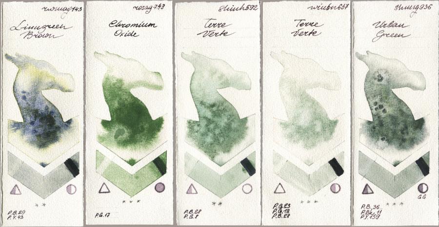 Rockwell 143 Limugreen Brown vs Rosa Gallery 743 Chromium Oxide vs Shinhan PWC 592 Terre Verte vs Winsor & Newton Professional 637 Terre Verte vs Shminke Horadam Aquarell 936 Urban Green watercolor swatch
