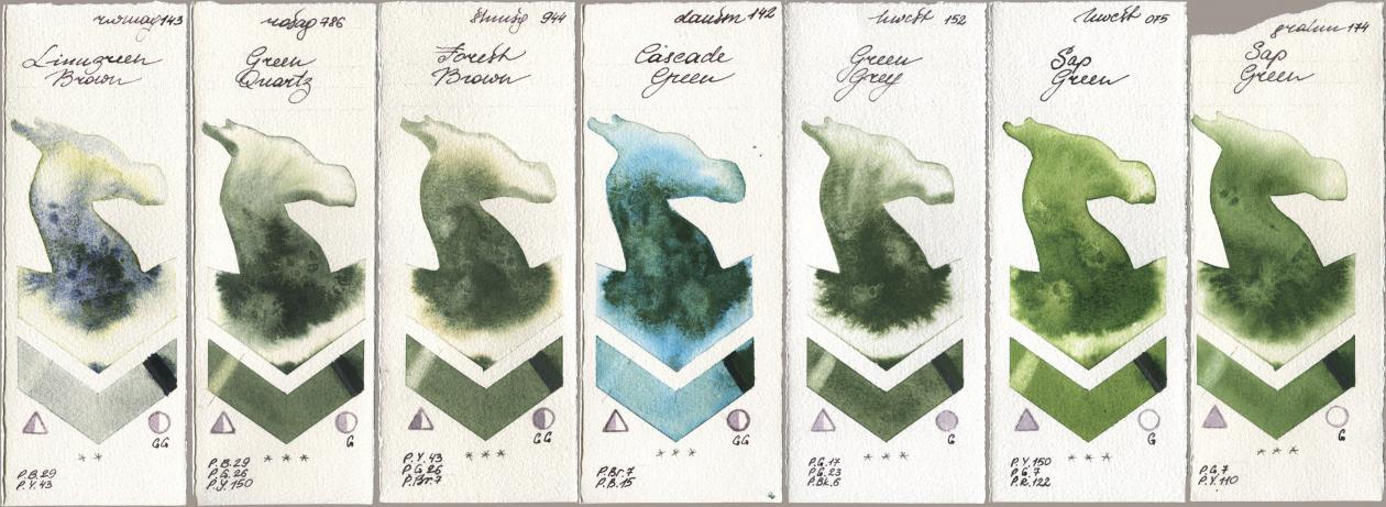 Rockwell 143 Limugreen Brown, Rosa Gallery 786 Green Quartz, Shminke Horadam Aquarell 944 Forest Brown, Daniel Smith 142 Cascade Green, Holbein Artists Watercolor 152 Green Grey, 075 Sap Green, M. Graham & Co. Artists 174 Sap Gre watercolor swatch