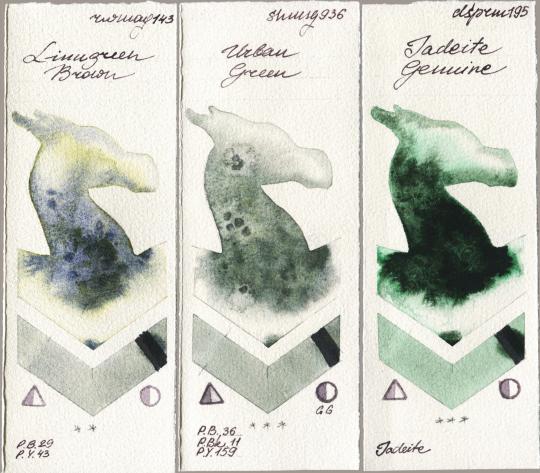 Rockwell 143 Limugreen Brown vs Shminke Horadam Aquarell 936 Urban Green vs Daniel Smith 195 Jadeite Genuine watercolor swatch