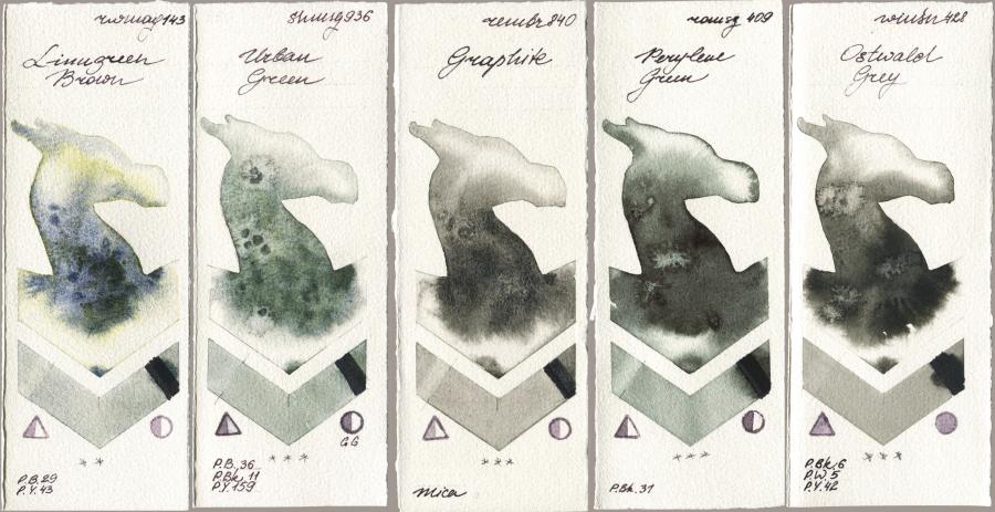 Rockwell 143 Limugreen Brown vs Shminke Horadam Aquarell 936 Urban Green vs Royal Talens Rembrandt Watercolour 840 Graphite vs Roman Szmal Aquarius 409 Perylene Green vs Winsor & Newton Professional 428 Ostwald Grey watercolor swatch