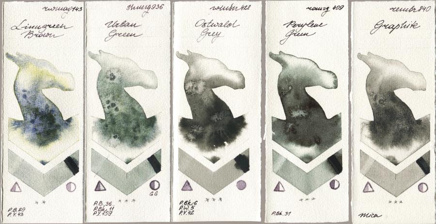 Rockwell 143 Limugreen Brown vs Shminke Horadam Aquarell 936 Urban Green vs Winsor & Newton Professional 428 Ostwald Grey vs Roman Szmal Aquarius 409 Perylene Green vs Royal Talens Rembrandt Watercolour 840 Graphite watercolor swatch