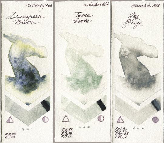 Rockwell 143 Limugreen Brown vs Winsor & Newton Professional 637 Terre Verte vs Shminke Akademie Aquarell 918 Icy Grey watercolor swatch