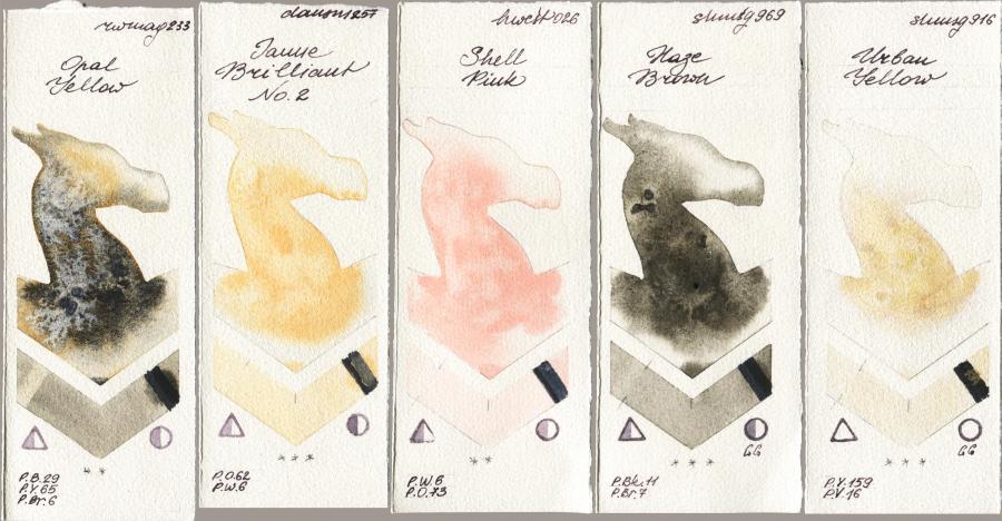 Rockwell 233 Opal Yellow vs Daniel Smith 257 Jaune Brilliant No 2 vs Holbein Artists Watercolor 026 Shell Pink vs Shminke Horadam Aquarell 969 Haze Brown vs 916 Urban Yellow watercolor swatch