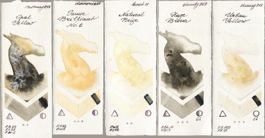 Rockwell 233 Opal Yellow vs Daniel Smith 257 Jaune Brilliant No 2 vs Kuretake Gansai Tambi 011 Natural Beige vs Shminke Horadam Aquarell 969 Haze Brown vs 916 Urban Yellow watercolor swatch