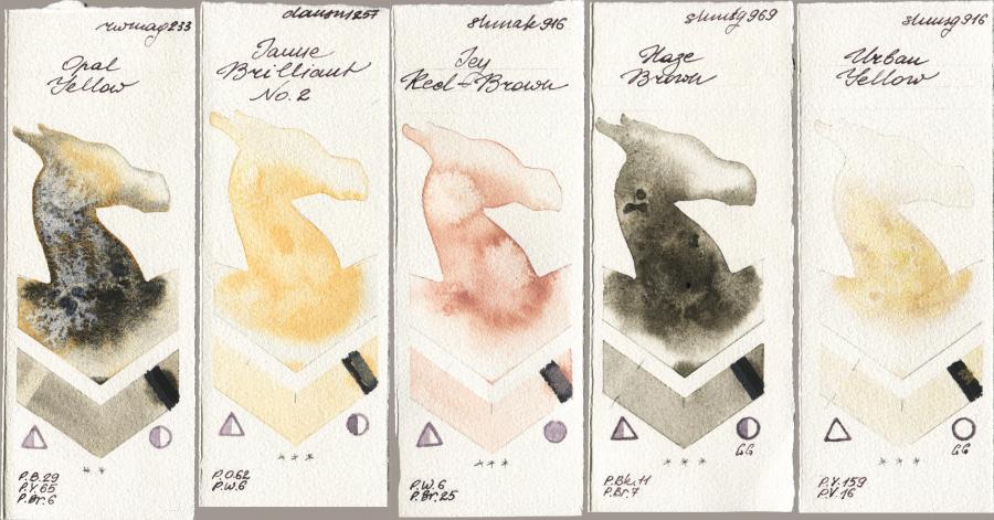 Rockwell 233 Opal Yellow vs Daniel Smith 257 Jaune Brilliant No 2 vs Shminke Akademie Aquarell 916 Icy Red-Brown vs Shminke Horadam Aquarell 969 Haze Brown vs 916 Urban Yellow watercolor swatch
