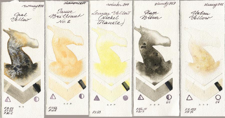 Rockwell 233 Opal Yellow vs Daniel Smith 257 Jaune Brilliant No 2 vs Winsor & Newton Professional 347 Lemon Yellow (Nickel Titanate) vs Shminke Horadam Aquarell 969 Haze Brown vs 916 Urban Yellow watercolor swatch